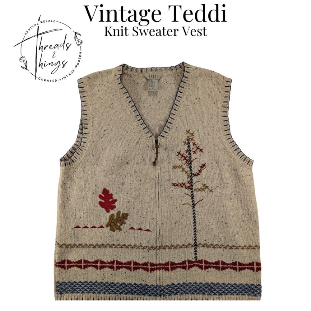 VTG Teddi Knit Sweater Vest Granny Cottage Core Fall Leaf Artsy Embroider Nature